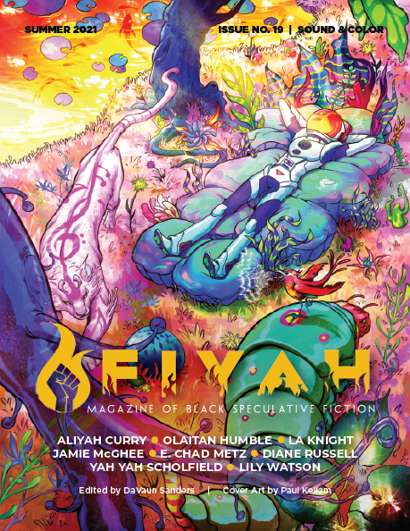 cover art for FIYAH #19: Sound and Color. An astronaut reclines on padded flora on an alien planet, beside a river and a pink, three-eyed tiger circles them.
